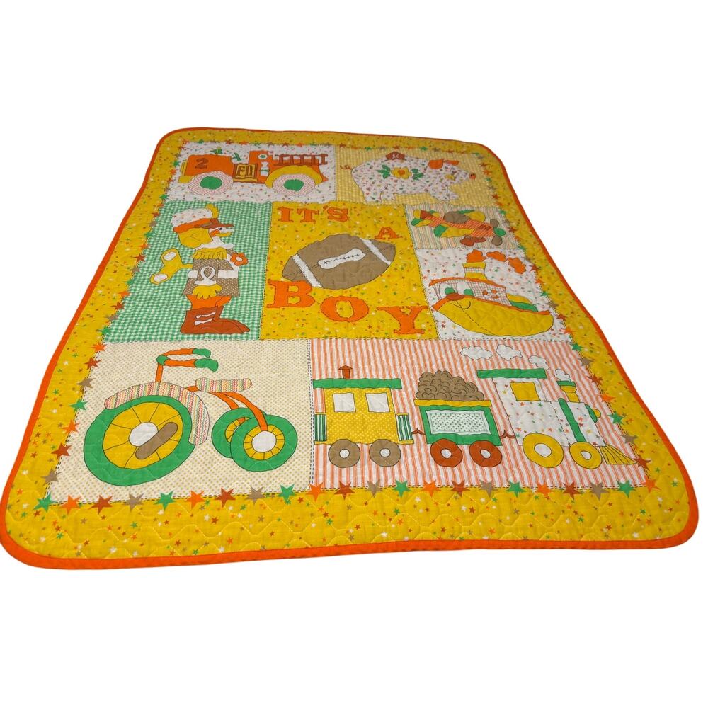 Vintage It’s A Boy Baby Quilt 34x43 Retro Appliqué Nursery Blanket Trains Bike
